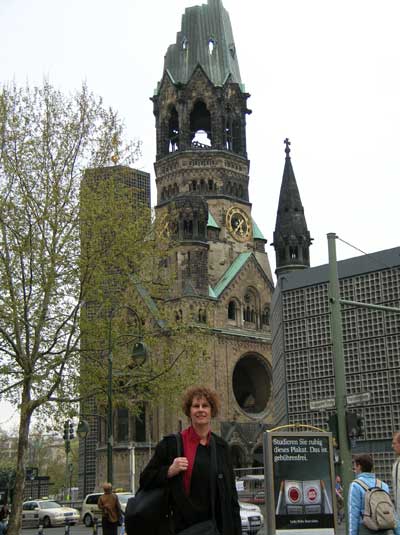 Carol in front of a church bombed in WWII in Berlin