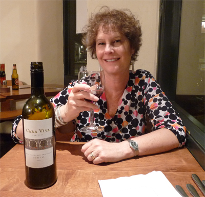 Carol enjoys delicious Portuguese Cara Viva Tinto Wine at Nando's