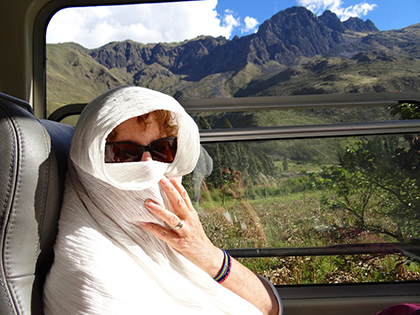 Carol's sunscreen on the train to Macchu Picchu