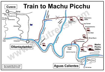 Map of the route of the train from Ollantytambo to Aguas Calientes