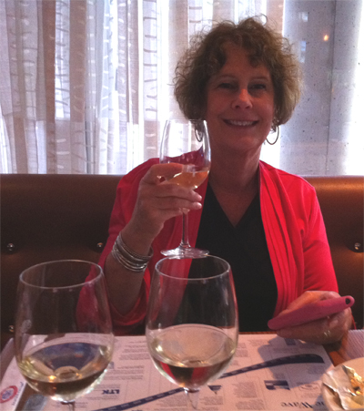 Carol enjoying the wine at Legal Seafood in Cambridge
